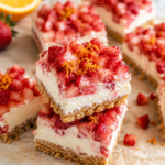 No-Bake Strawberry Creamsicle Cheesecake Bars topped with fresh diced strawberries and orange zest on wrinkled parchment paper over a white marble countertop.