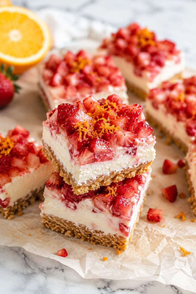 No-Bake Strawberry Creamsicle Cheesecake Bars topped with fresh diced strawberries and orange zest on wrinkled parchment paper over a white marble countertop.