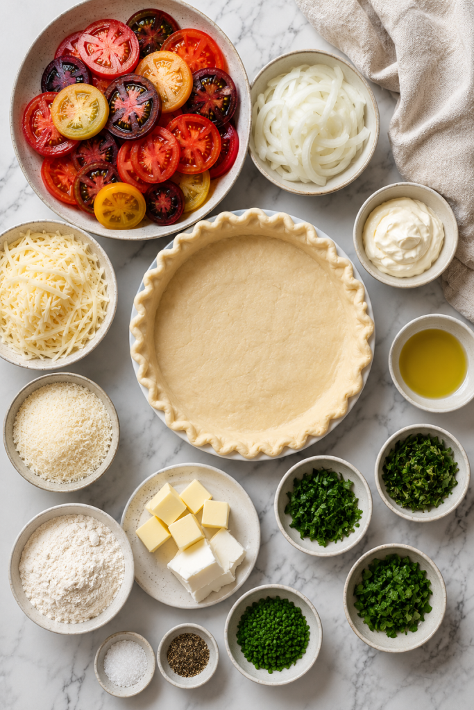 A clean flat lay of fresh ingredients used to make old-fashioned tomato pie, including colorful heirloom tomatoes, fresh herbs, cheeses, onions, and homemade pie crust ingredients.