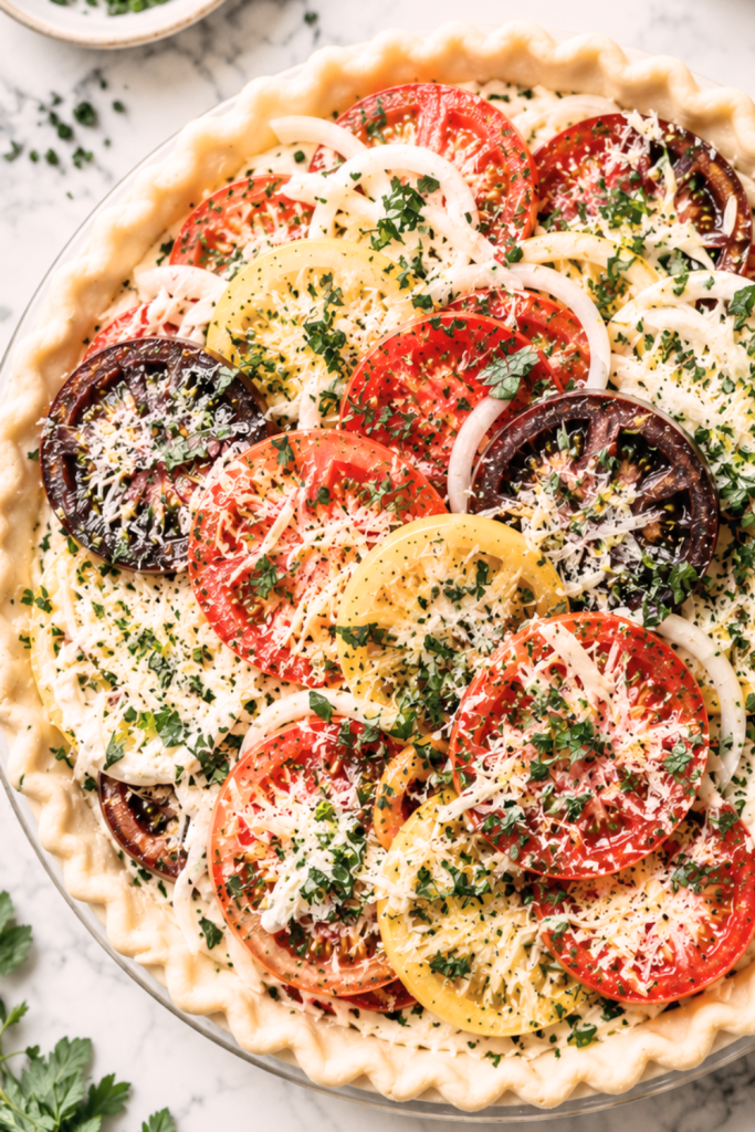 Unbaked old-fashioned tomato pie with heirloom tomatoes, sweet onions, fresh herbs, Gruyère, and Parmesan in a flaky homemade crust on a marble countertop.