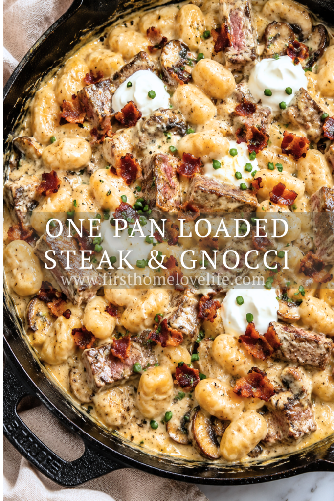 reamy loaded steak and gnocchi skillet topped with crispy bacon, sour cream, and chives in a cast iron skillet