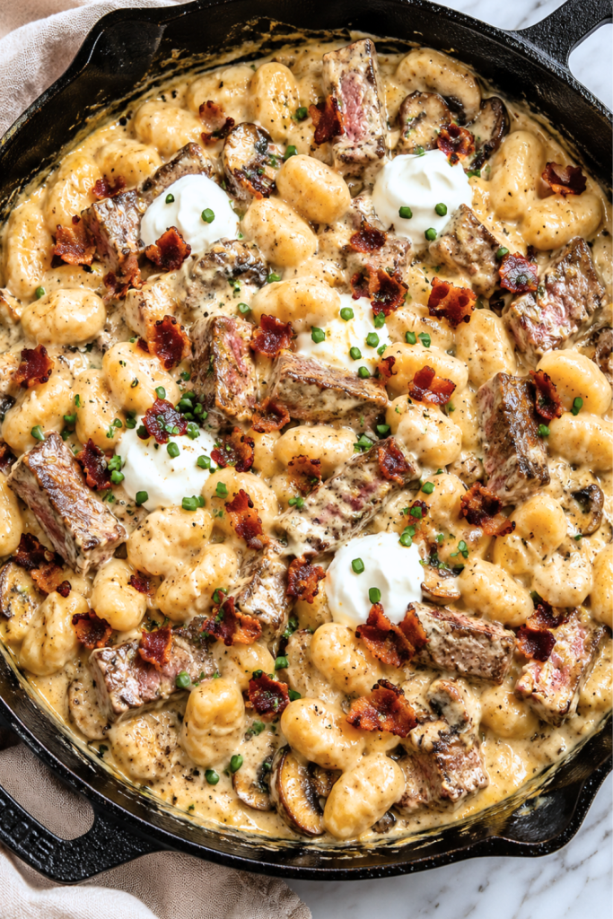 Creamy one pan loaded steak and gnocchi skillet topped with crispy bacon, sour cream, and fresh chives in a cast iron skillet