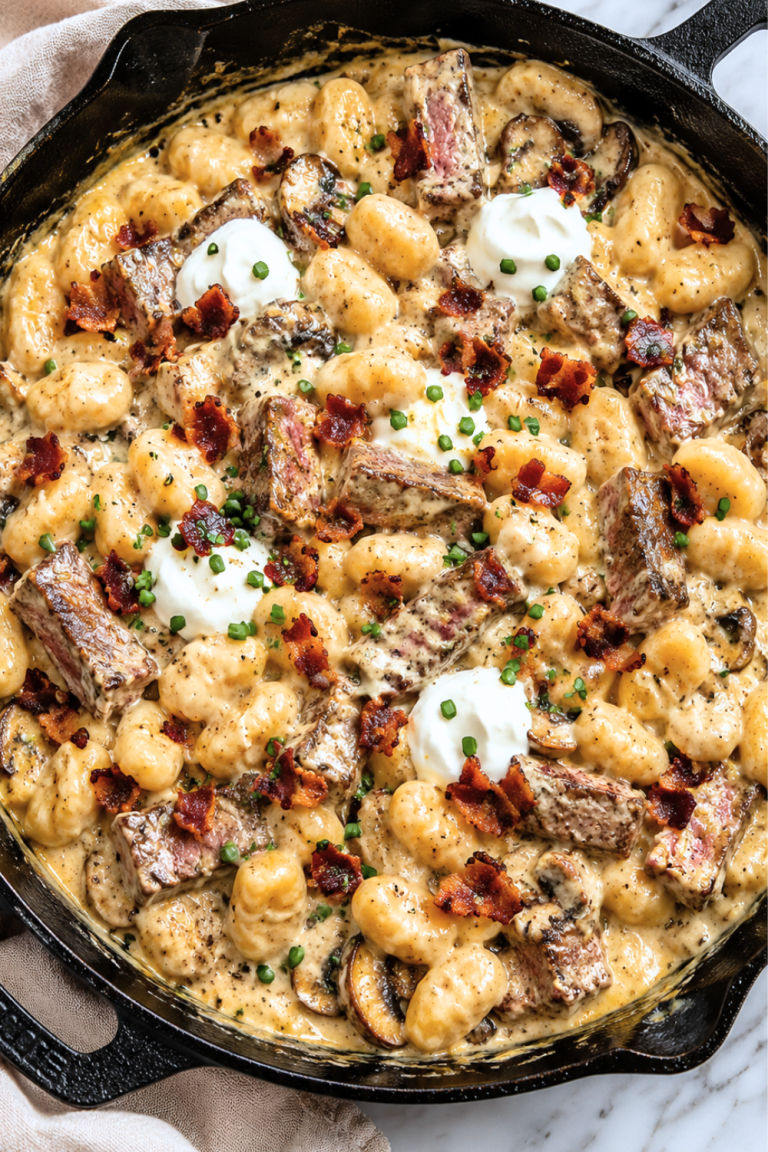 Creamy one pan loaded steak and gnocchi skillet topped with crispy bacon, sour cream, and fresh chives in a cast iron skillet