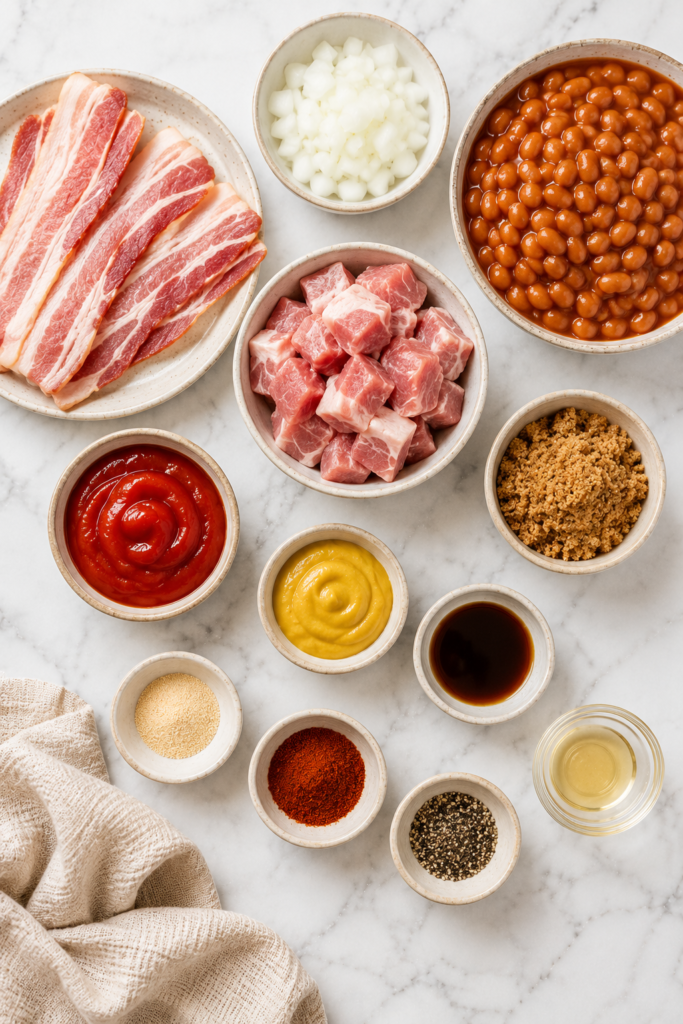 homemade pork and beans ingredients including bacon, pork, onions, baked beans, brown sugar, ketchup, mustard, spices, and vinegar on a white marble countertop.