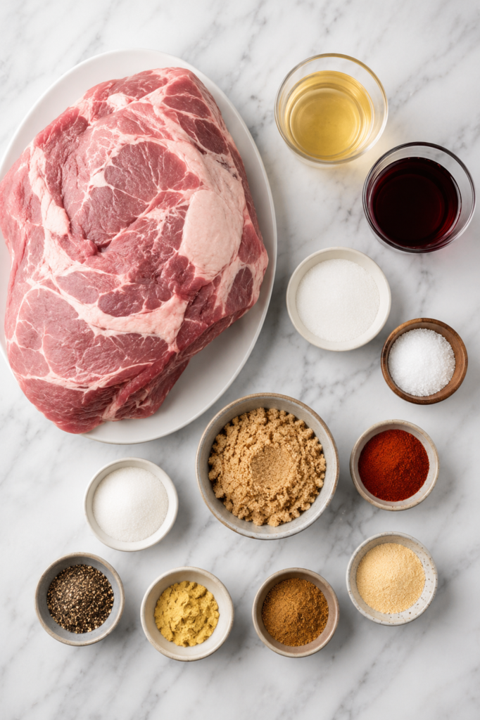 smoked pork shoulder ingredients including raw Boston butt, apple juice, white grape juice, brown sugar, paprika, garlic powder, cumin, mustard, salt, pepper,