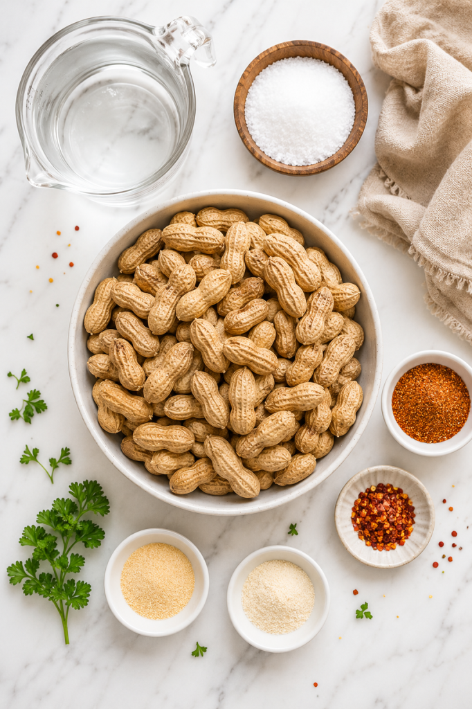 Flat lay of ingredients for Southern crockpot boiled peanuts on a white marble countertop with raw peanuts, salt, seasonings, parsley, and water