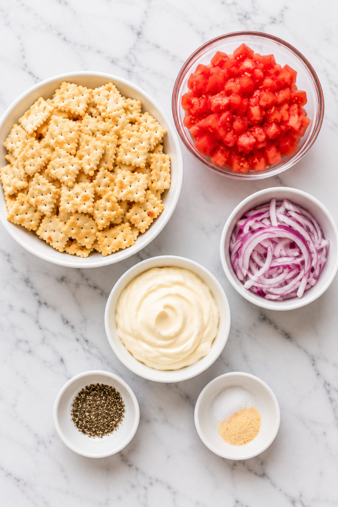 Flat lay of ingredients for Southern cracker salad including buttery crackers, tomatoes, red onion, mayonnaise, and seasonings