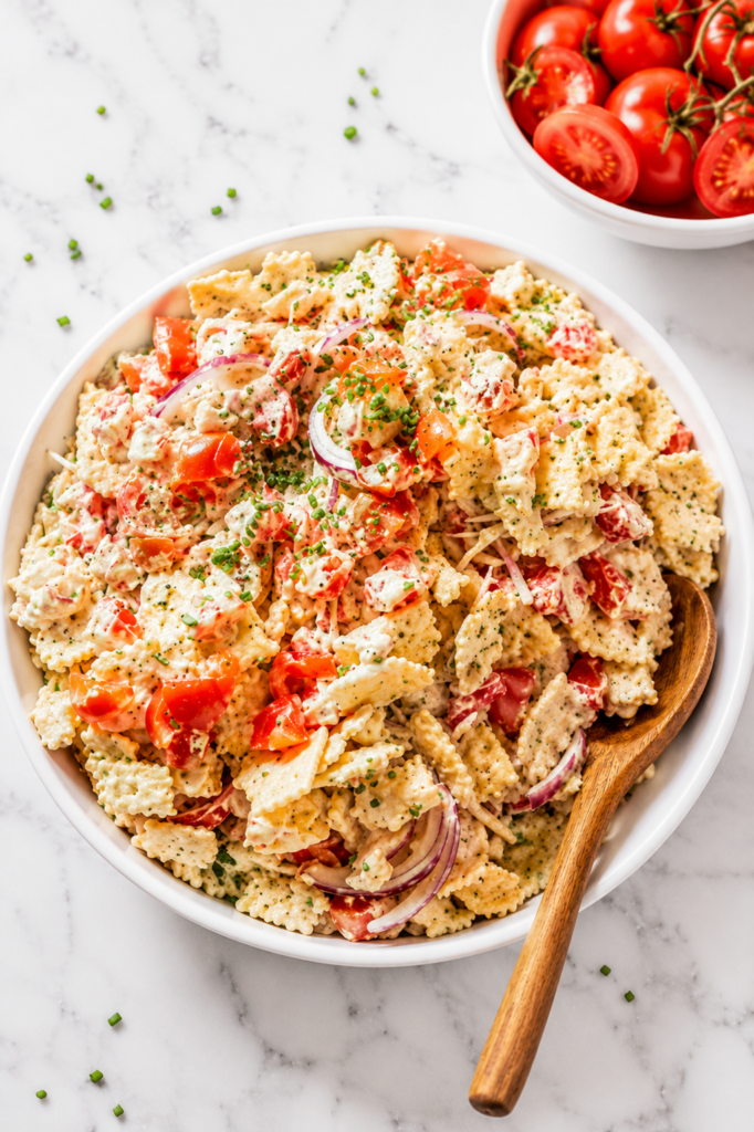 Creamy Southern cracker salad with tomatoes and red onion in a white bowl with a wooden spoon on a white marble countertop