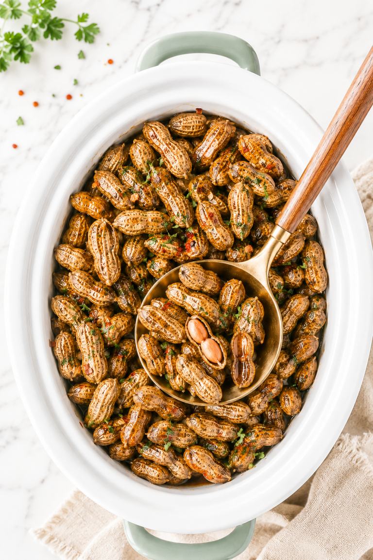 Southern crockpot boiled peanuts in a white slow cooker with a gold spoon scooping peanuts on a marble countertop with parsley and red pepper flakes