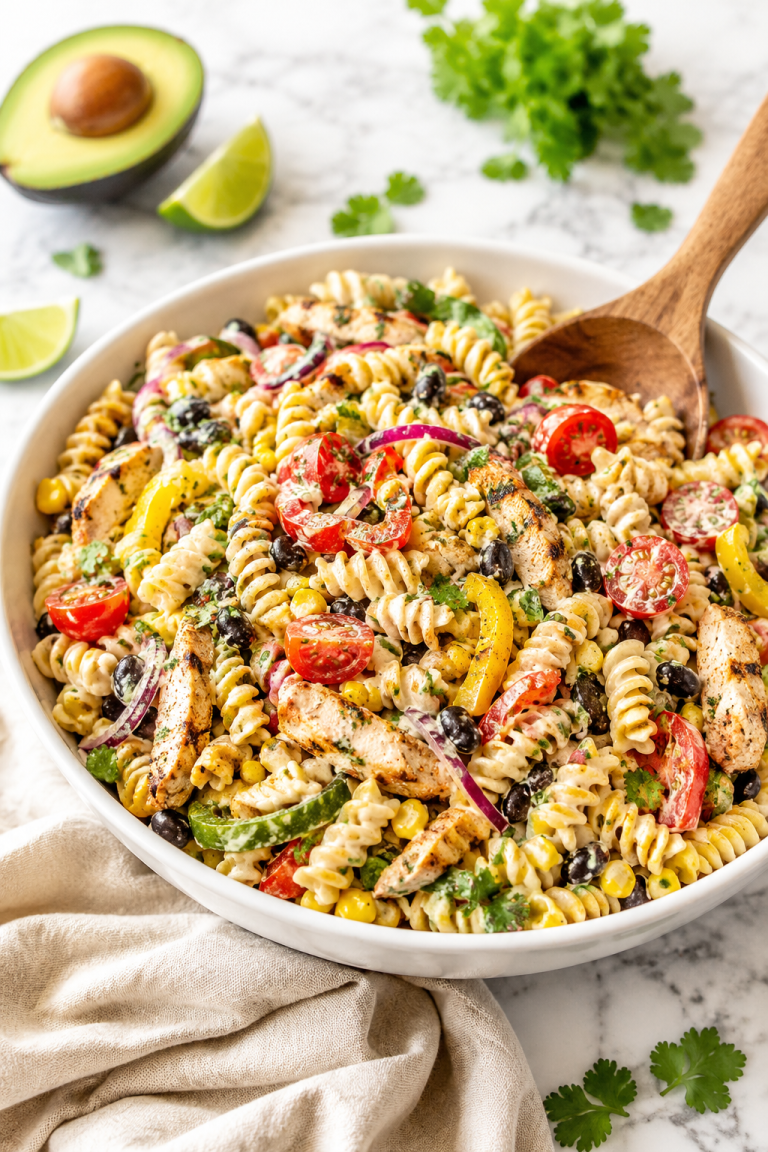 Creamy southwest fajita pasta salad with grilled chicken, black beans, corn, peppers, tomatoes, and rotini pasta in a white serving bowl on a marble countertop.