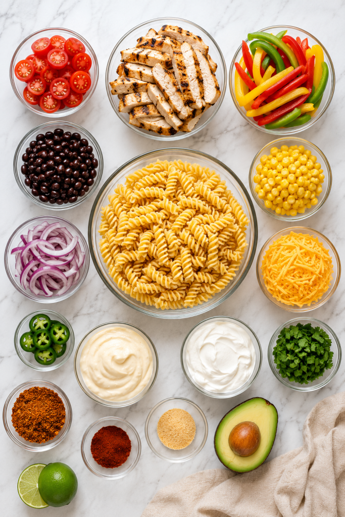 Flat lay of ingredients for Southwest fajita pasta salad including rotini pasta, grilled chicken, black beans, corn, peppers, tomatoes, cheese, avocado, cilantro, and creamy dressing on a white marble countertop.