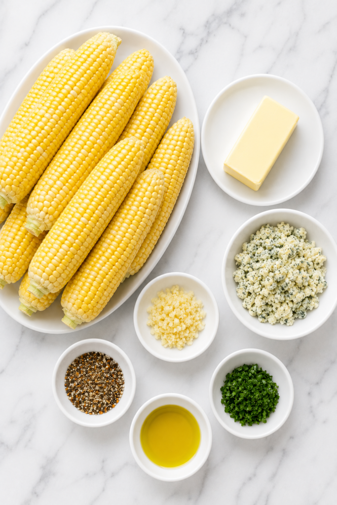 Flat lay of ingredients for steakhouse style grilled corn including fresh corn, butter, blue cheese, garlic, steakhouse seasoning, olive oil, and parsley on a marble countertop.