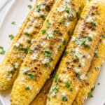 Steakhouse style grilled corn on a white platter topped with melted blue cheese garlic compound butter on a marble countertop.