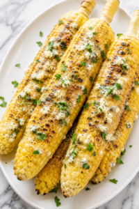 Steakhouse style grilled corn on a white platter topped with melted blue cheese garlic compound butter on a marble countertop.