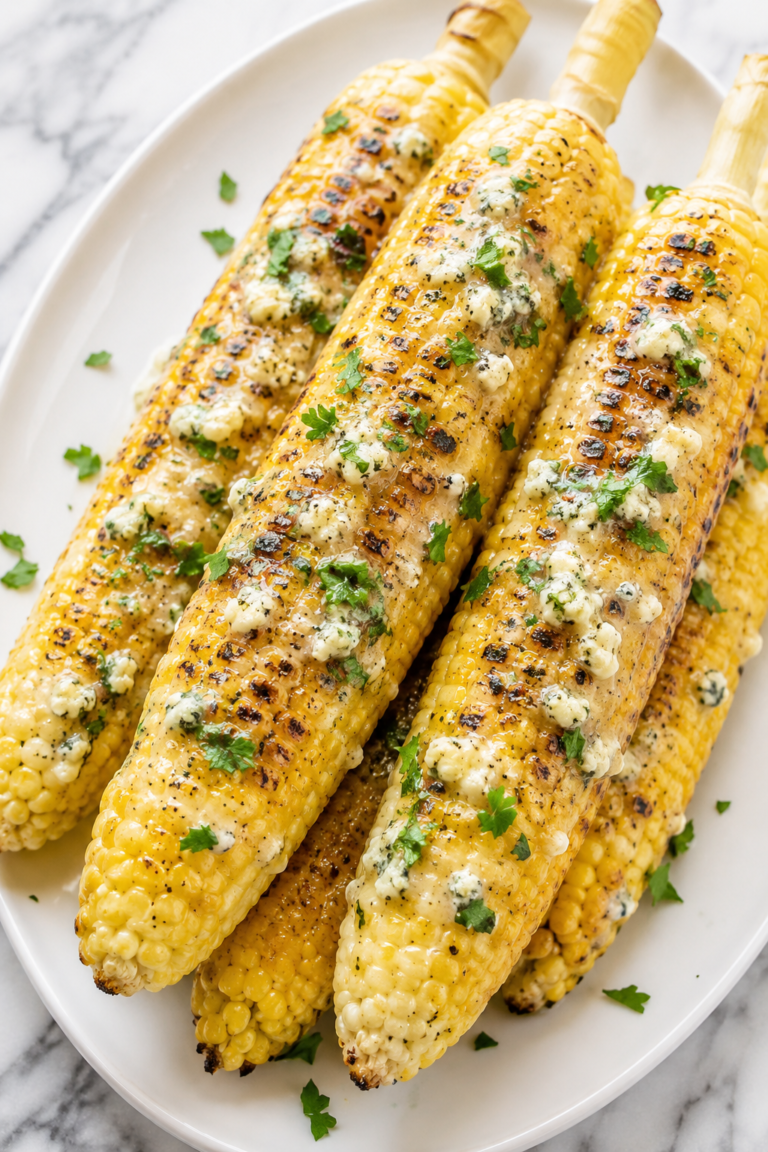Steakhouse style grilled corn on a white platter topped with melted blue cheese garlic compound butter on a marble countertop.