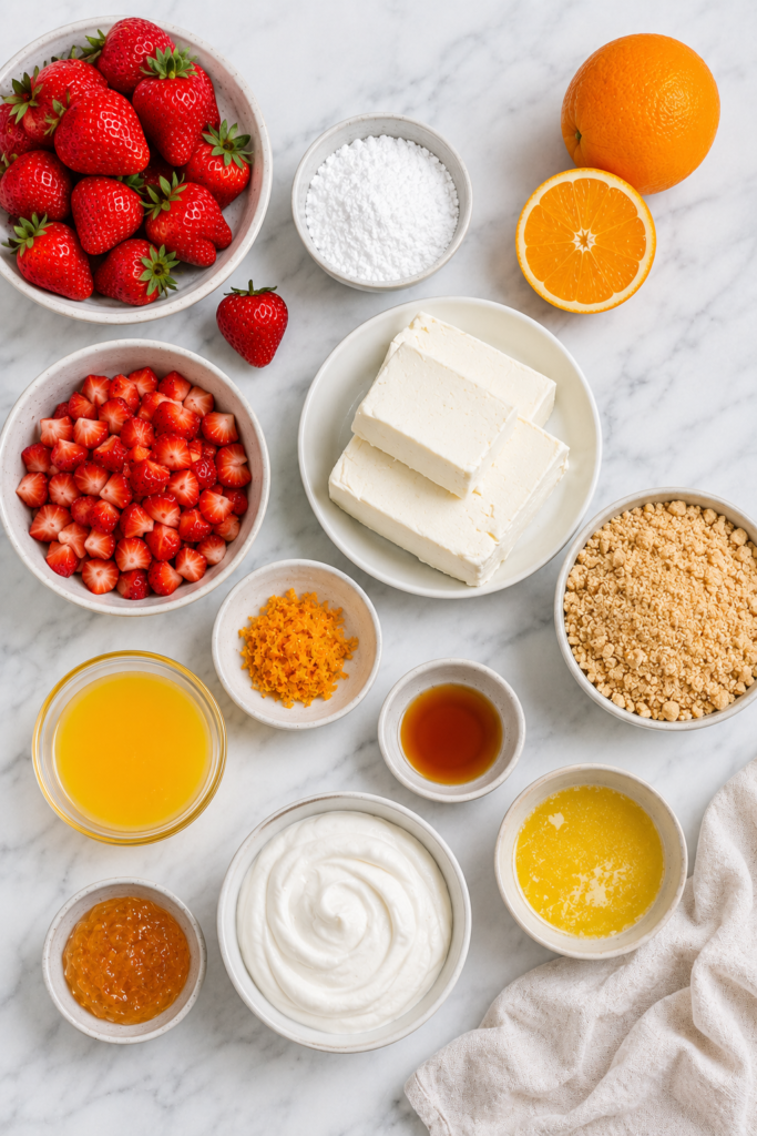 Flat lay of ingredients for No-Bake Strawberry Creamsicle Cheesecake Bars including strawberries, cream cheese, whipped cream, orange juice, orange zest, vanilla wafer crumbs, powdered sugar, vanilla extract, butter, and orange marmalade on a marble countertop.