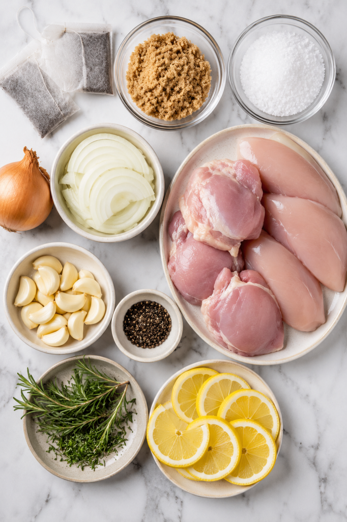 Flat lay of ingredients for sweet tea brined chicken including chicken breasts, chicken thighs, black tea bags, brown sugar, kosher salt, garlic, onion, rosemary, lemon, and black pepper on a marble countertop