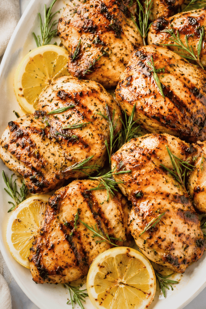 Juicy sweet tea brined grilled chicken thighs on a white platter with lemon slices and fresh rosemary
