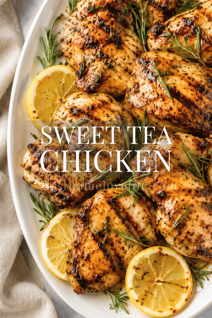 Sweet tea grilled chicken on a white platter with lemon slices and rosemary on a marble countertop