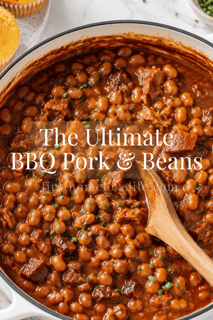homemade BBQ pork and beans featuring smoky baked beans with pork in a white Dutch oven