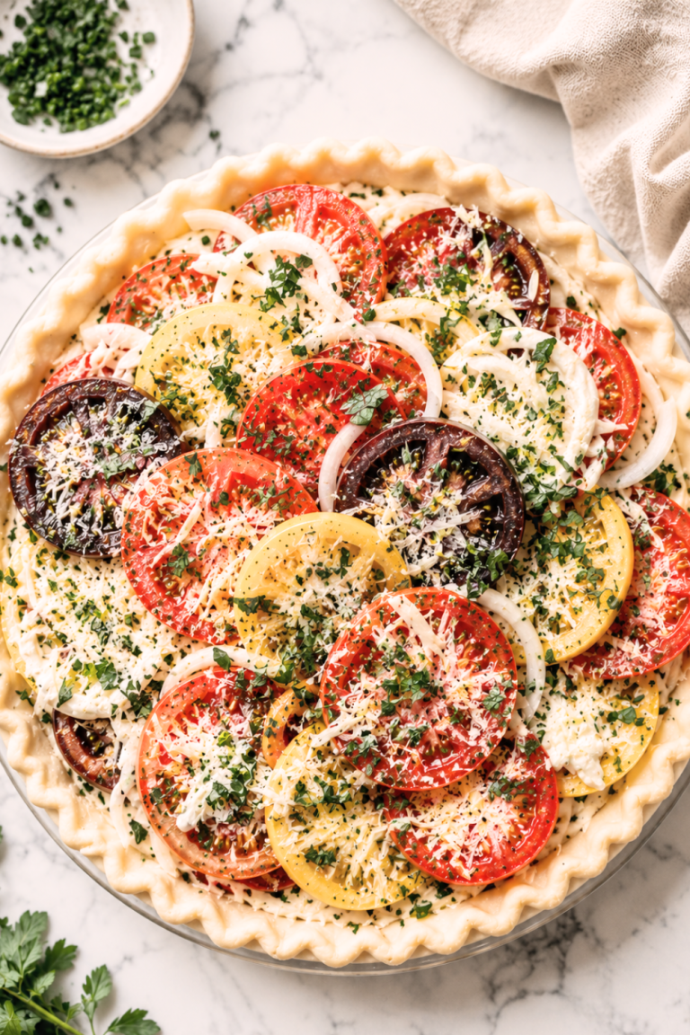 This unbaked old-fashioned tomato pie is layered with juicy heirloom tomatoes, sweet onions, fresh herbs, and cheese inside a flaky homemade crust.