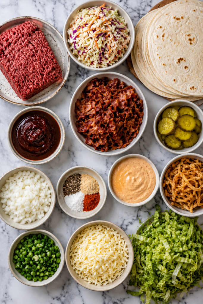 Flat lay of ingredients for western BBQ cowboy burger tacos including ground beef, bacon, coleslaw, cheese, tortillas, barbecue sauce, pickles, and burger sauce on a marble countertop.