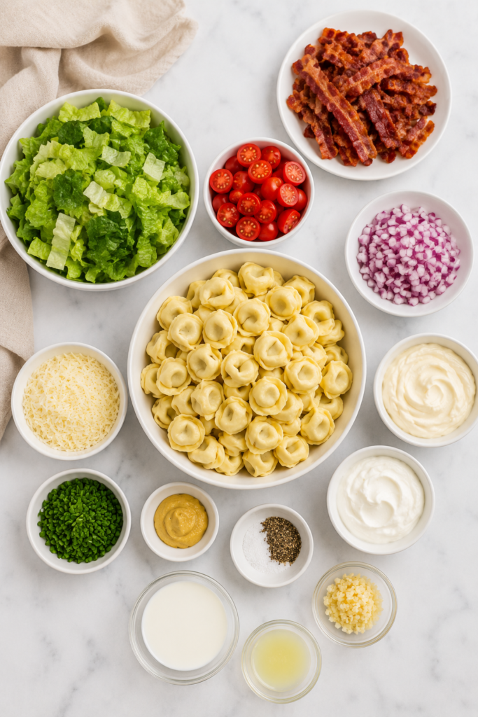 Flat lay of ingredients for creamy garlic BLT tortellini pasta salad including cheese tortellini, bacon, tomatoes, romaine lettuce, garlic, Parmesan cheese, mayonnaise, sour cream, and fresh chives on a marble countertop.
