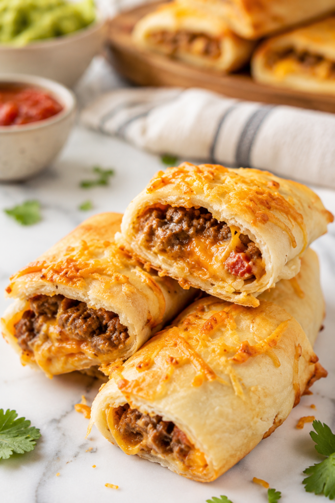 Stack of homemade ground beef taco hot pockets filled with seasoned taco meat and melted cheddar cheese on a white marble countertop.