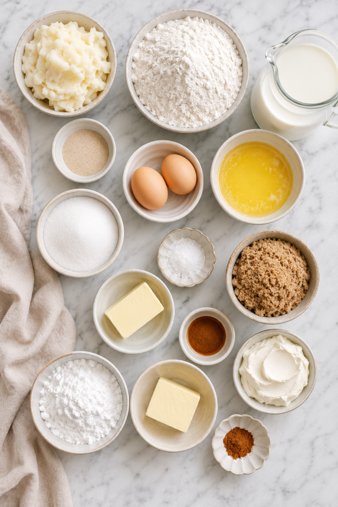 Flat lay of ingredients for Amish cinnamon rolls with mashed potatoes including flour, mashed potatoes, yeast, butter, eggs, milk, brown sugar, cinnamon, cream cheese, and powdered sugar.