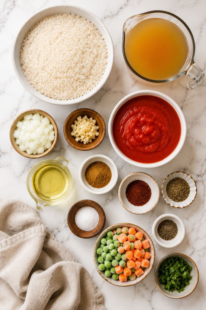 Flat lay of ingredients for authentic Mexican rice including long grain white rice, tomato sauce, chicken broth, onion, garlic, oil, spices, peas, carrots, and cilantro on a marble countertop.