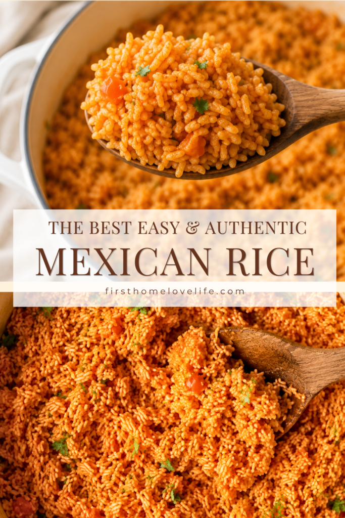 Wooden spoon lifting fluffy authentic Mexican rice from a white enamel Dutch oven on a marble countertop.