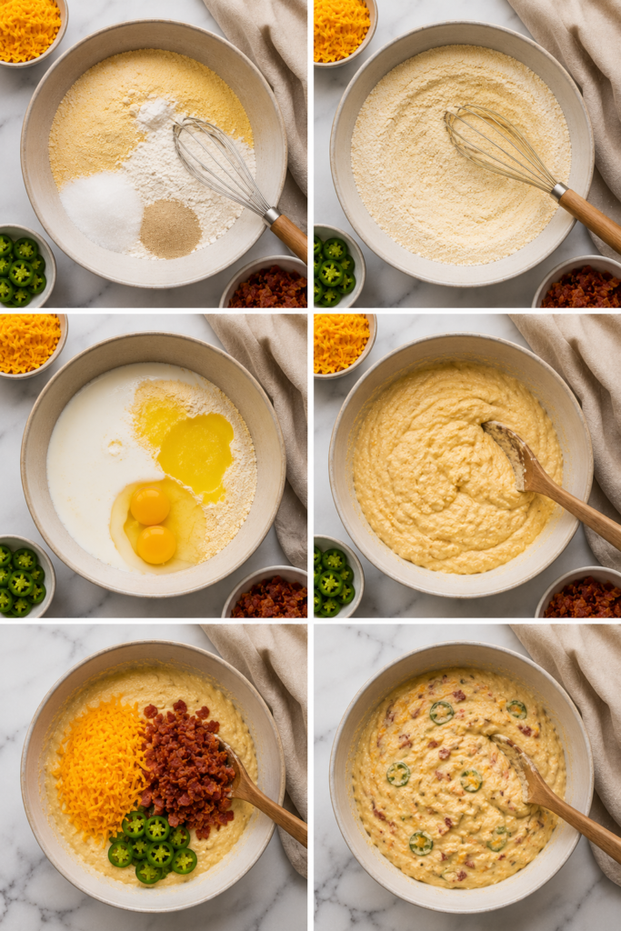 Step-by-step process of making bacon cheddar jalapeño cornbread focaccia batter, showing dry ingredients, wet ingredients, mixing, and adding bacon, cheddar cheese, and jalapeños.