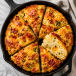 Bacon cheddar jalapeño cornbread focaccia baked in a cast iron skillet with melted cheddar cheese, crispy bacon, and sliced jalapeños on a white marble countertop.