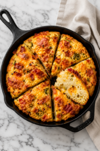 Bacon cheddar jalapeño cornbread focaccia baked in a cast iron skillet with melted cheddar cheese, crispy bacon, and sliced jalapeños on a white marble countertop.