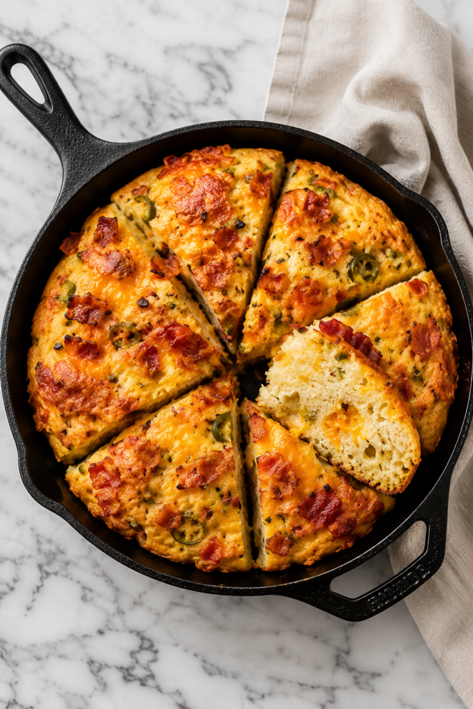 Bacon cheddar jalapeño cornbread focaccia baked in a cast iron skillet with melted cheddar cheese, crispy bacon, and sliced jalapeños on a white marble countertop.