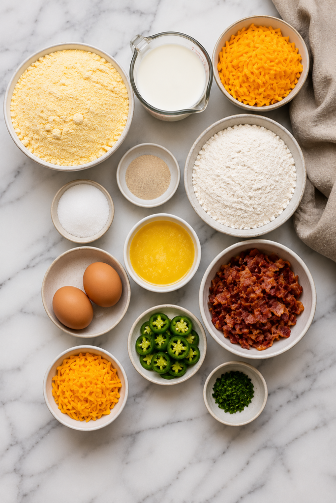 Flat lay of ingredients for bacon cheddar jalapeño cornbread focaccia including self-rising cornmeal, flour, buttermilk, cheddar cheese, bacon, jalapeños, eggs, butter, sugar, and yeast on a white marble countertop.