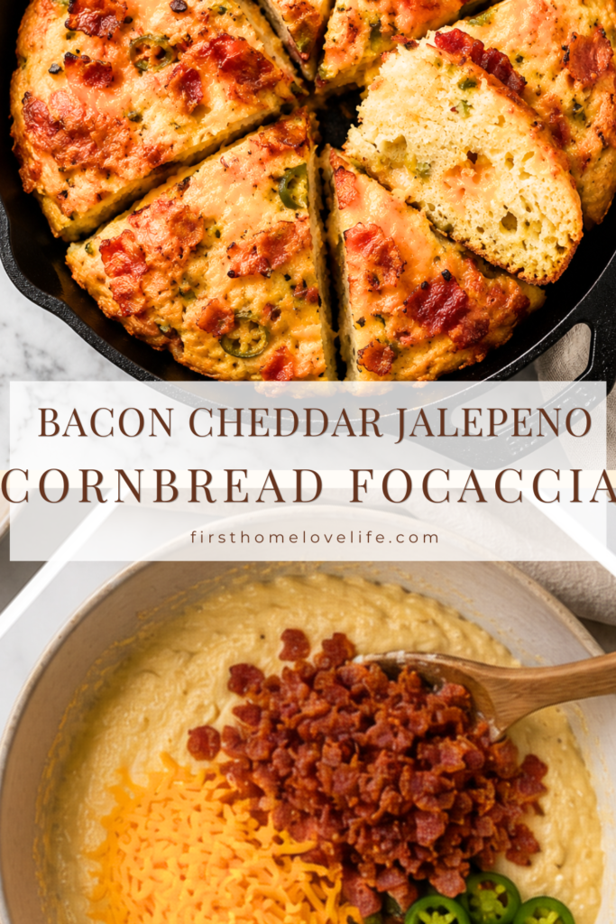 Bacon cheddar jalapeño cornbread focaccia baked in a cast iron skillet with melted cheddar cheese, crispy bacon, and jalapeño slices, alongside a step-by-step batter preparation image.