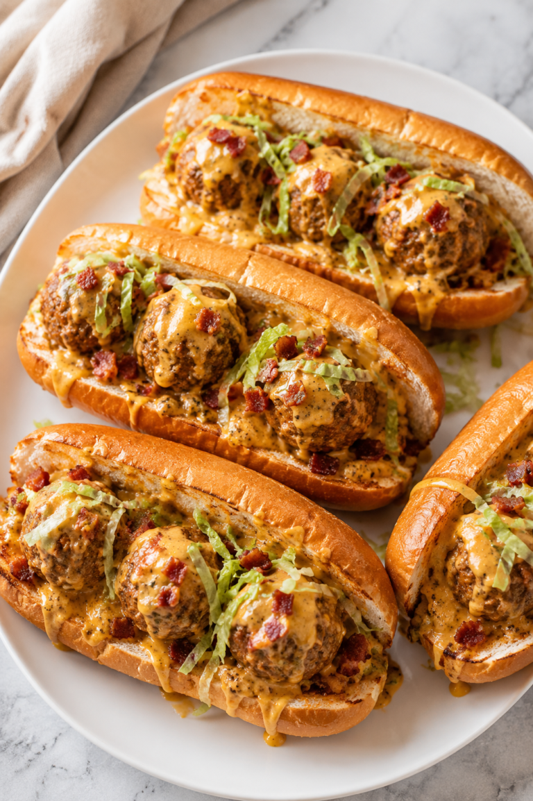 Toasted bacon cheeseburger meatball subs topped with creamy cheddar cheese sauce, crispy bacon, and shredded lettuce on a white platter.