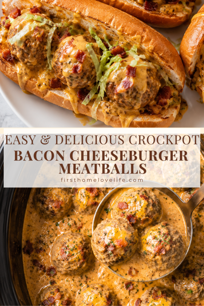 Pinterest pin featuring Crockpot Bacon Cheeseburger Meatball Subs with creamy cheddar sauce, crispy bacon, and shredded lettuce served on toasted hoagie rolls alongside slow cooker bacon cheeseburger meatballs.