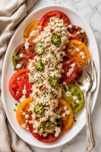 The best bacon jalapeño ranch chicken salad served over colorful heirloom tomato slices on a white platter with ranch drizzle, pickled jalapeños, and fresh chives.