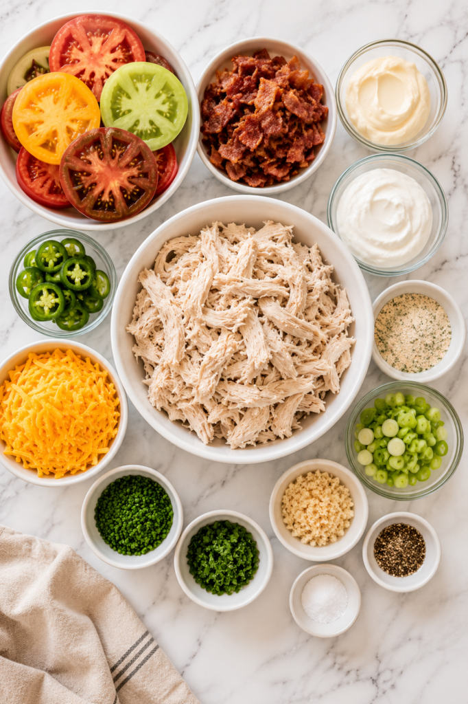 Flat lay of ingredients for bacon jalapeño ranch chicken salad including shredded chicken, bacon, cheddar cheese, jalapeños, ranch seasoning, mayonnaise, sour cream, green onions, chives, and heirloom tomatoes.