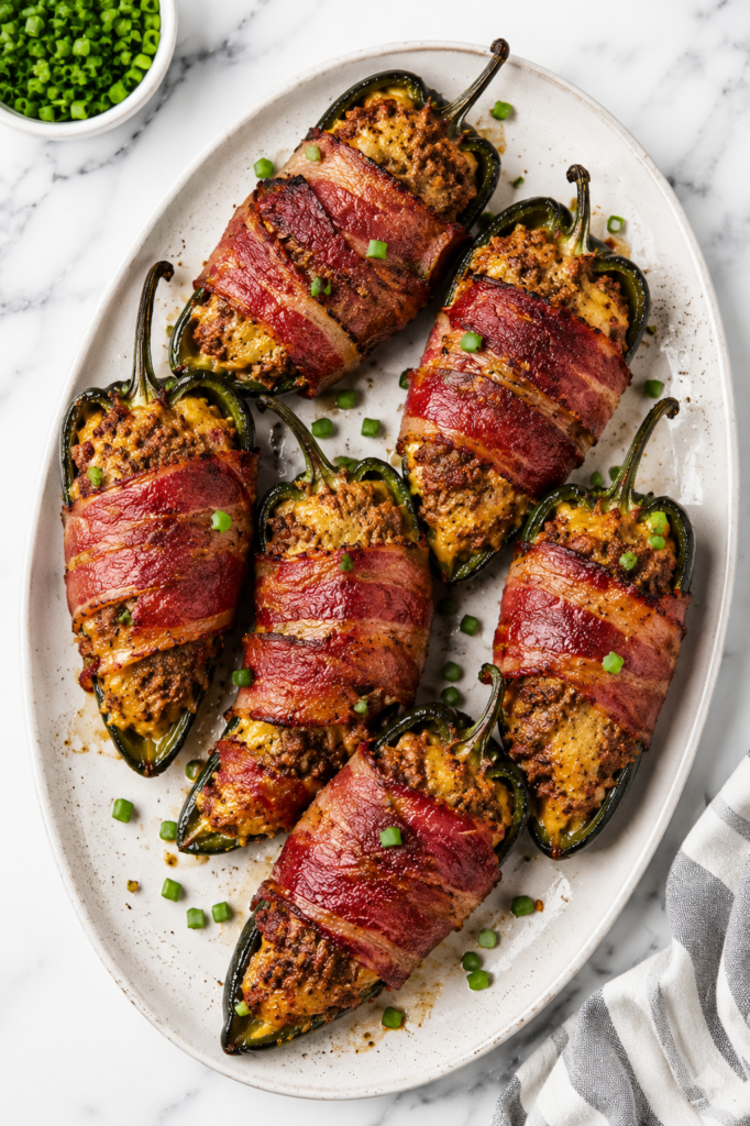 Bacon wrapped poblano poppers stuffed with creamy ground beef and cheese filling on a white oval platter over a white marble countertop.