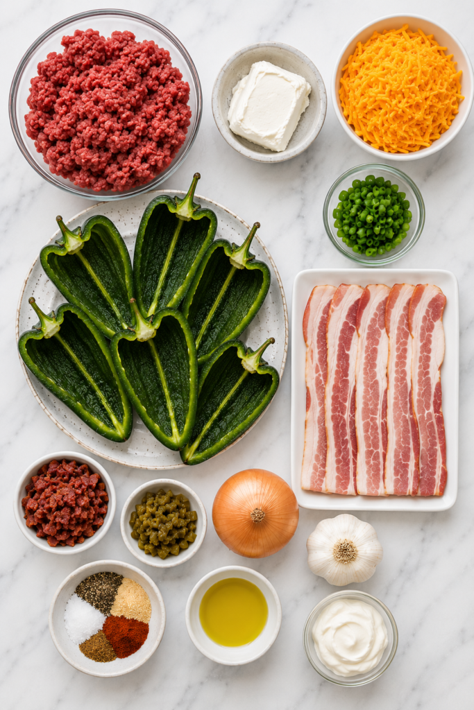 Flat lay of ingredients for bacon wrapped poblano poppers including poblano peppers, ground beef, bacon, cream cheese, cheddar cheese, garlic, onion, jalapeños, and seasonings on a white marble countertop.