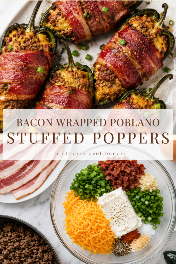 Bacon wrapped poblano stuffed poppers with creamy ground beef jalapeño popper filling alongside ingredients in a glass mixing bowl on a white marble countertop.