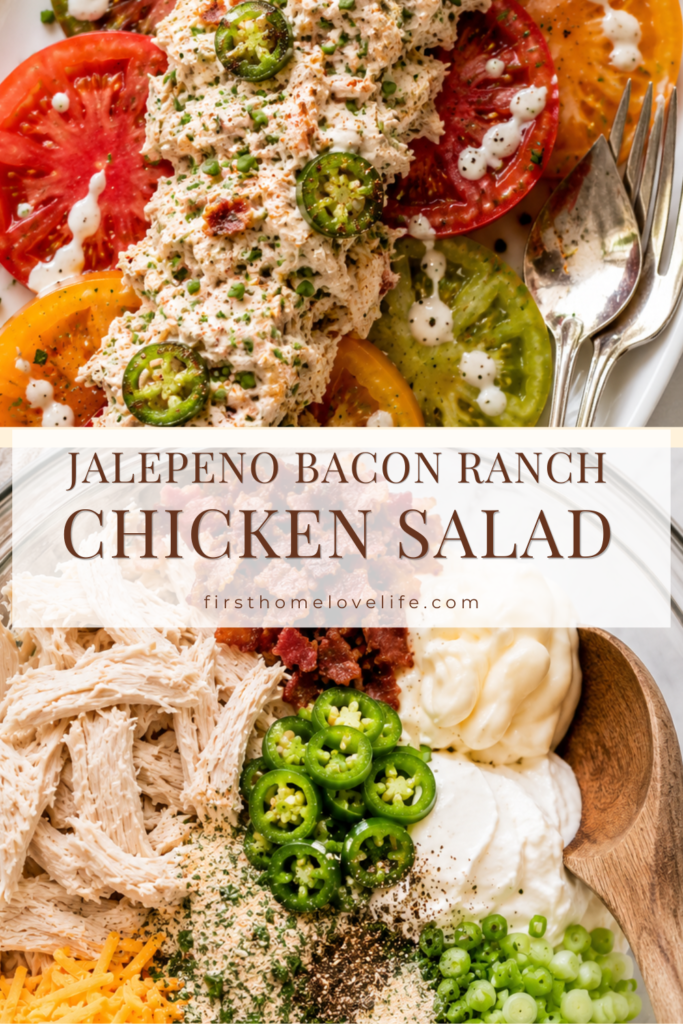Collage showing bacon jalapeño ranch chicken salad served over heirloom tomatoes and the fresh ingredients before mixing in a glass bowl.