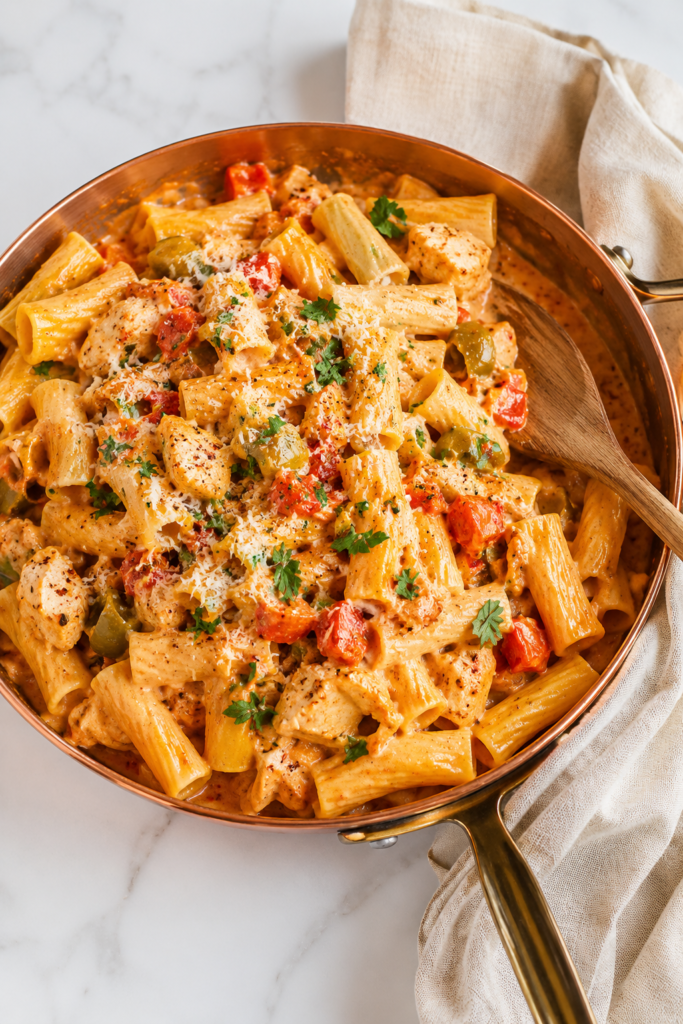 Creamy chicken riggies pasta served in a copper skillet with rigatoni, chicken, peppers, and parmesan cheese on a marble countertop.
