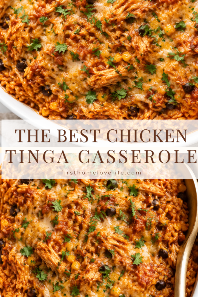 Chicken Tinga Casserole baked with shredded chicken, Mexican rice, black beans, corn, melted cheese, and cilantro in a white casserole dish.