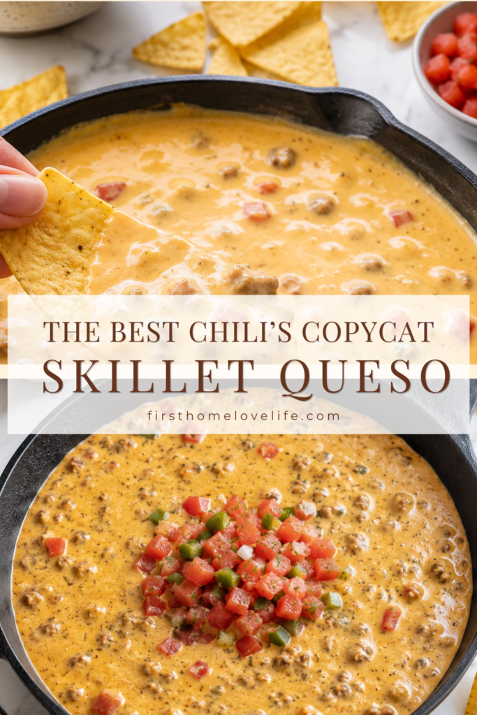 Pinterest graphic featuring creamy Chili's copycat skillet queso with seasoned ground beef in a cast iron skillet and a tortilla chip dipping into the cheese dip.