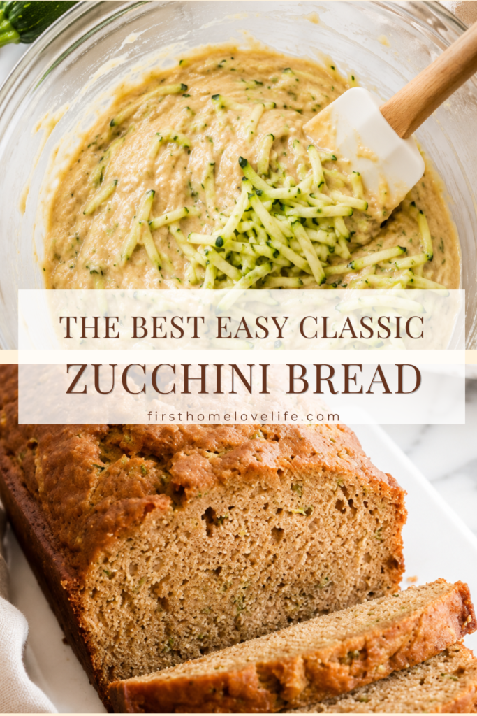 Vertical Pinterest graphic showing shredded zucchini being folded into batter above a freshly baked loaf of classic zucchini bread on a white marble countertop.