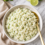 Bowl of fluffy coconut lime rice with fresh lime zest and cilantro mixed throughout, served with a gold spoon on a white marble countertop with a neutral linen cloth.